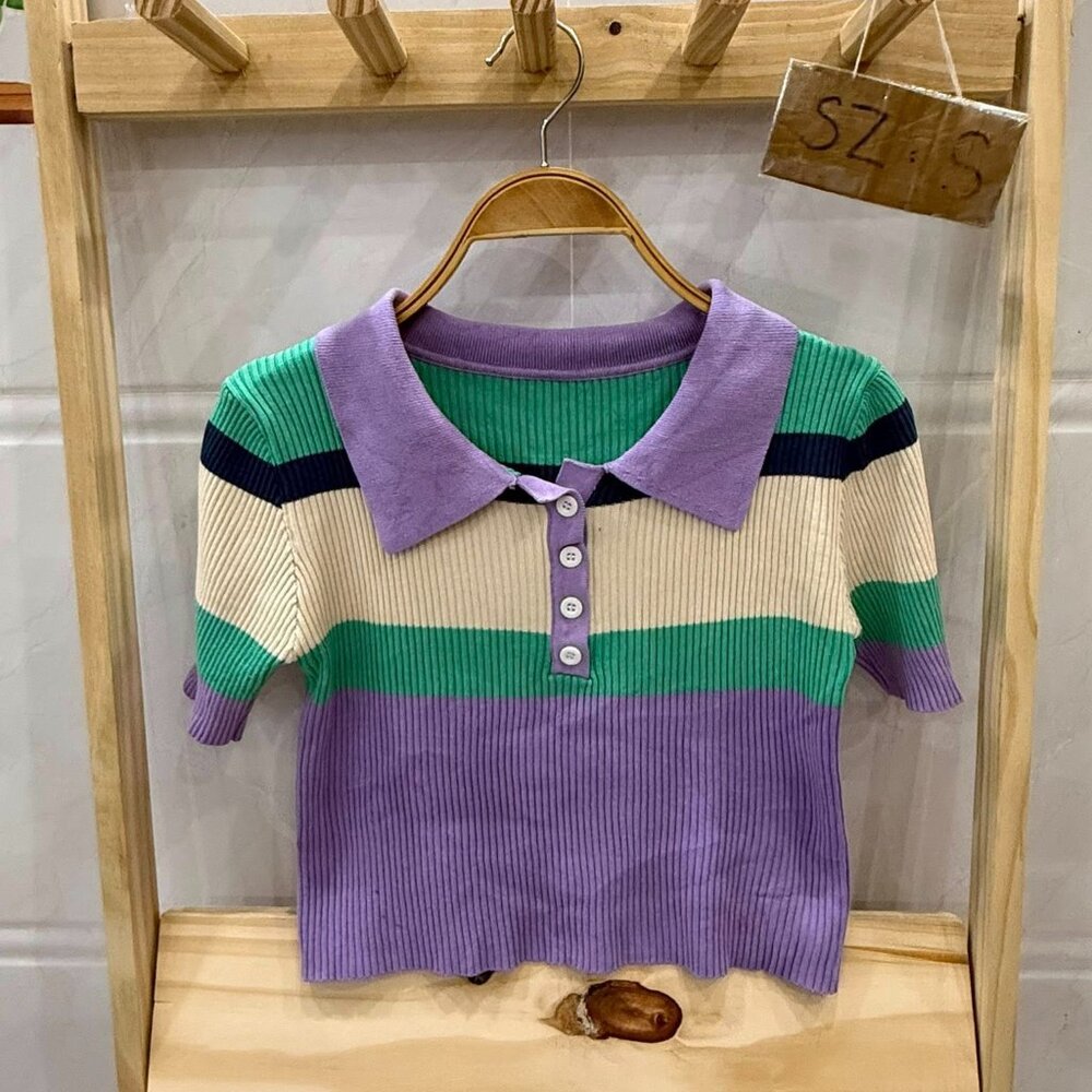 Purple Green Stripe Polo Collar Ribbed Knit Crop Top 💜💚